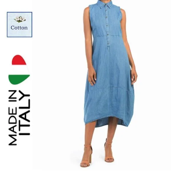 New! Rosarosae Women's Made In Italy Collared Button Front Denim Midi Dress