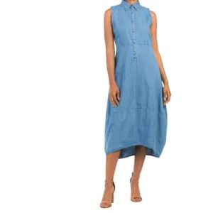 New! Rosarosae Women's Made In Italy Collared Button Front Denim Midi Dress