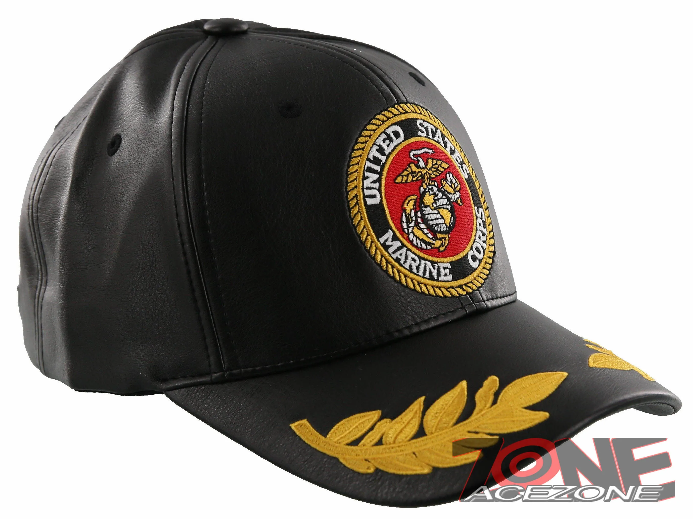 NEW! US MARINE CORPS USMC LEAF FAUX LEATHER CAP HAT BLACK