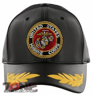 NEW! US MARINE CORPS USMC LEAF FAUX LEATHER CAP HAT BLACK