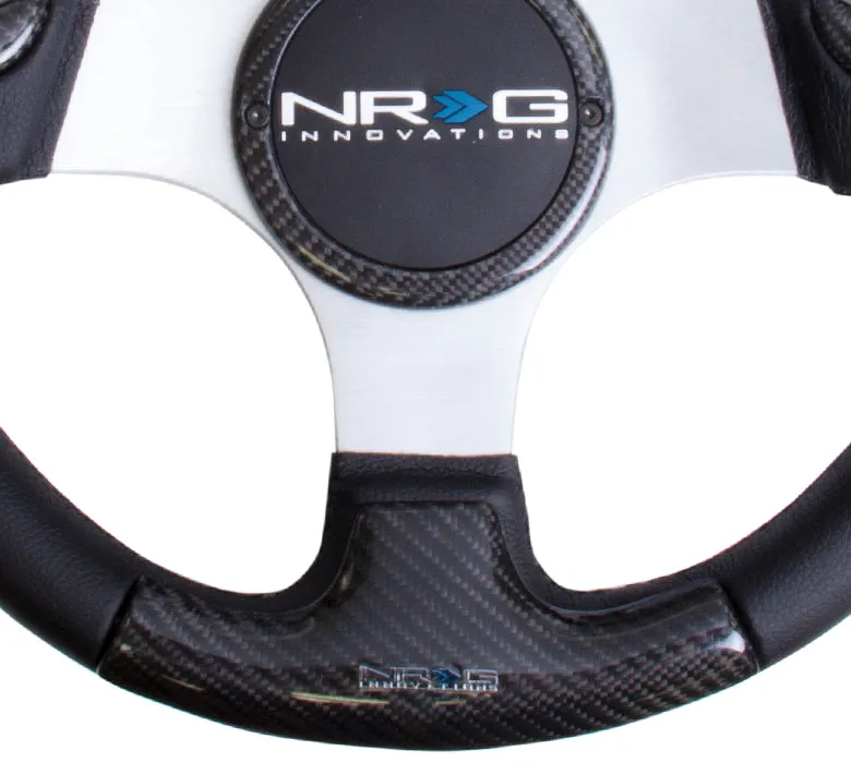 NRG ST-014CFSL 350mm Silver Frame Black Stitching with Horn Cover Carbon Fiber Steering Wheel