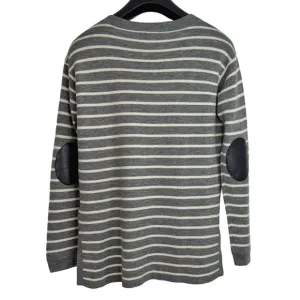 NWOT J.CREW Women's Chic Merino Grey Striped Sweater w Leather Elbow Patches S