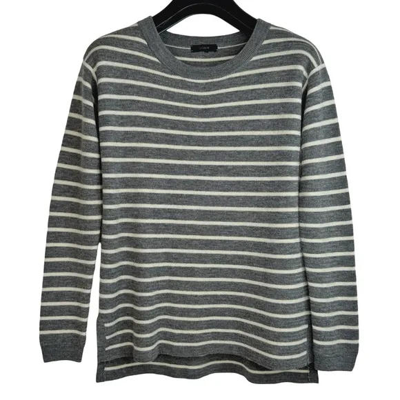NWOT J.CREW Women's Chic Merino Grey Striped Sweater w Leather Elbow Patches S