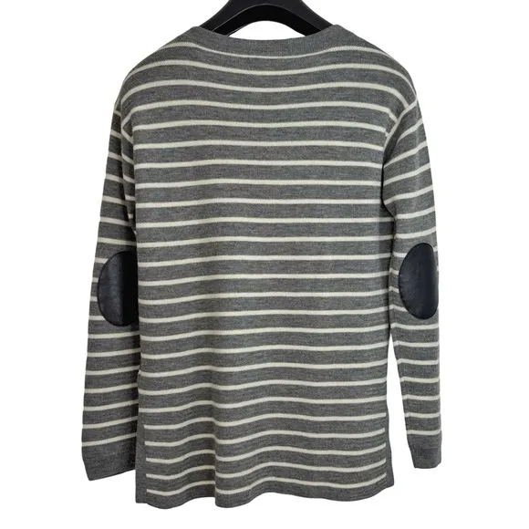 NWOT J.CREW Women's Chic Merino Grey Striped Sweater w Leather Elbow Patches S