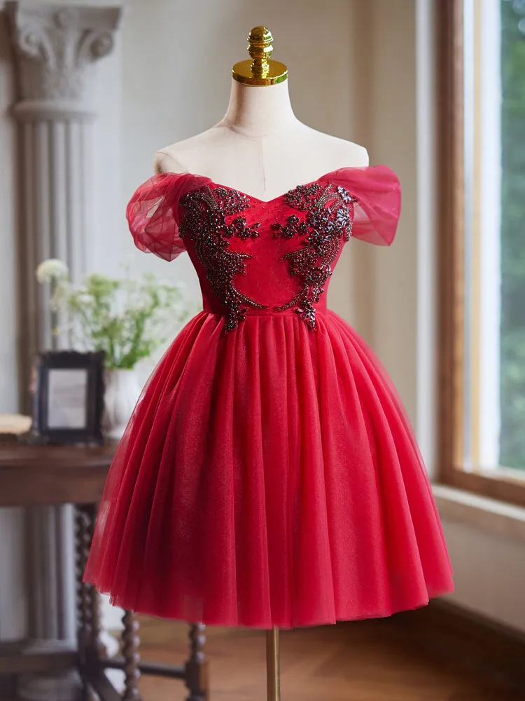 Off the Shoulder Beaded Burgundy Tulle Homecoming Dress