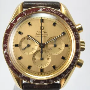 OMEGA 1969 SPEEDMASTER 18K YELLOW GOLD MOONWATCH BURGUNDY BEZEL APOLLO XI 145.022