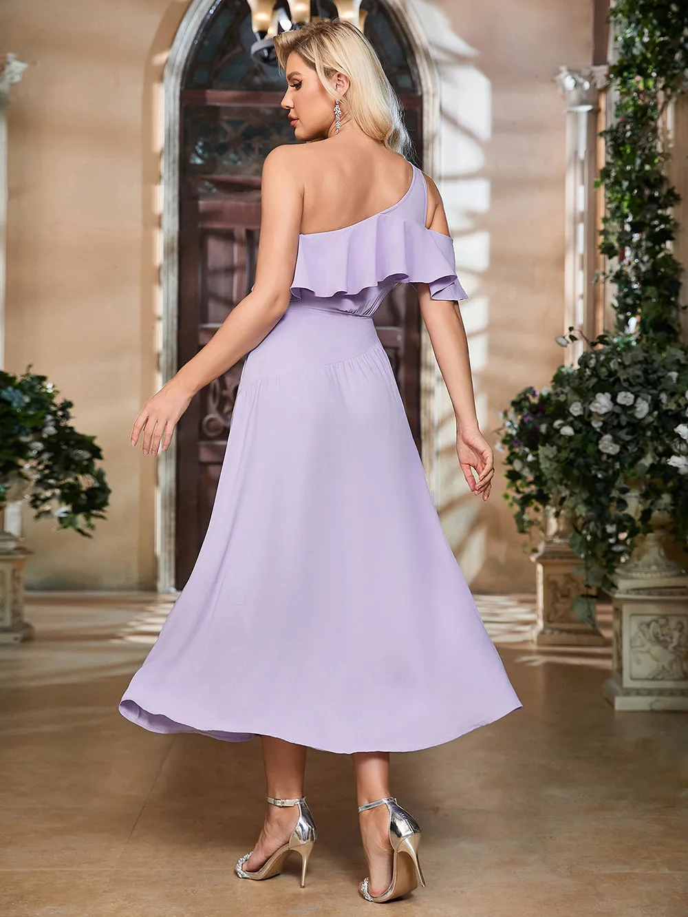 One Shoulder Ruffle Midi Bodycon Dress HB02920