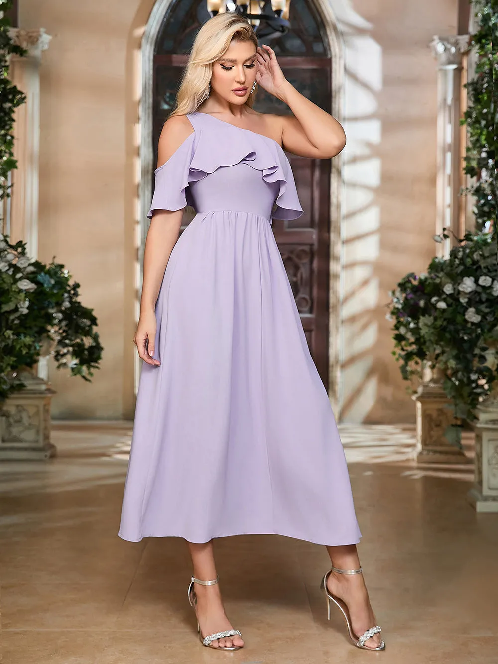 One Shoulder Ruffle Midi Bodycon Dress HB02920
