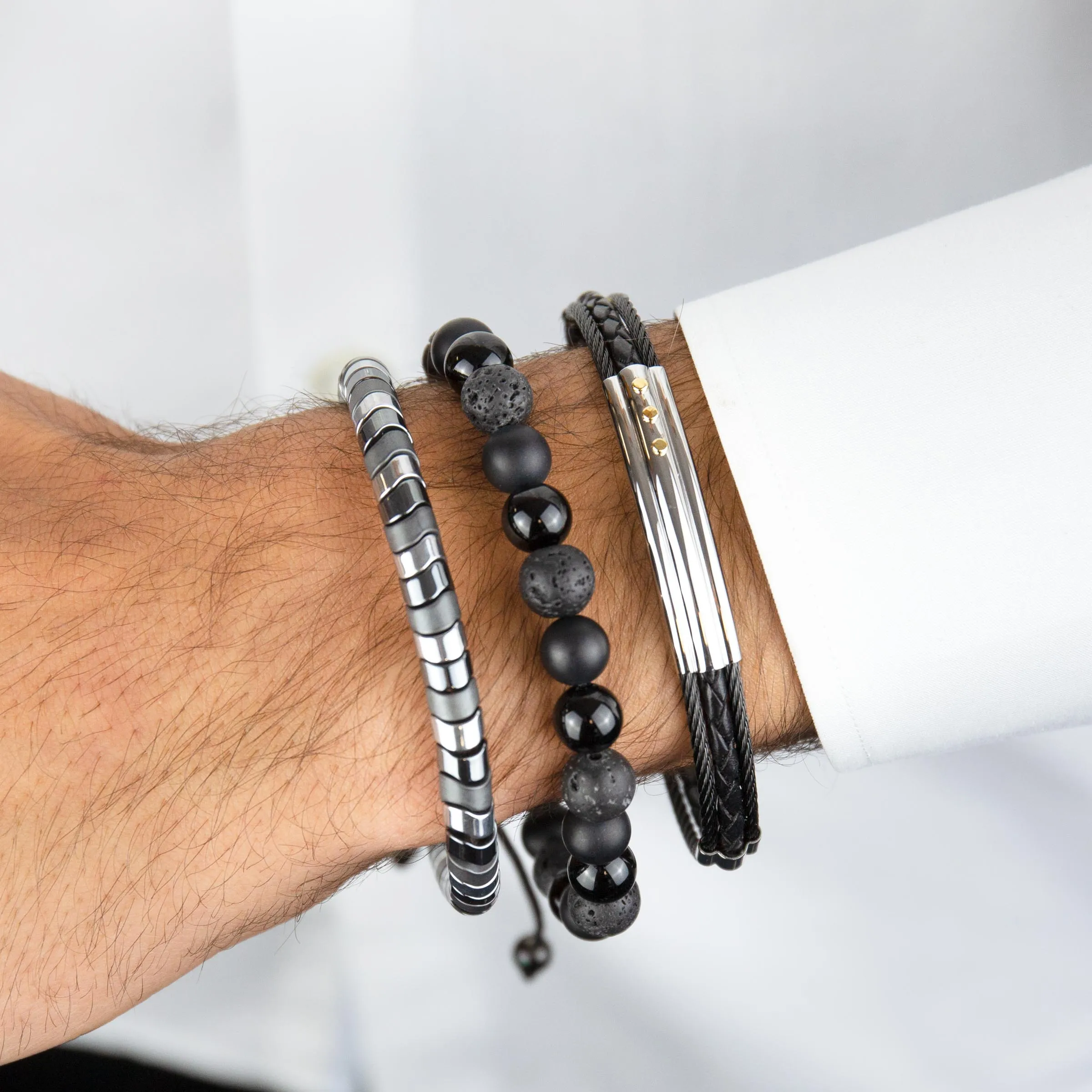 Onyx Steel & Leather Bracelet