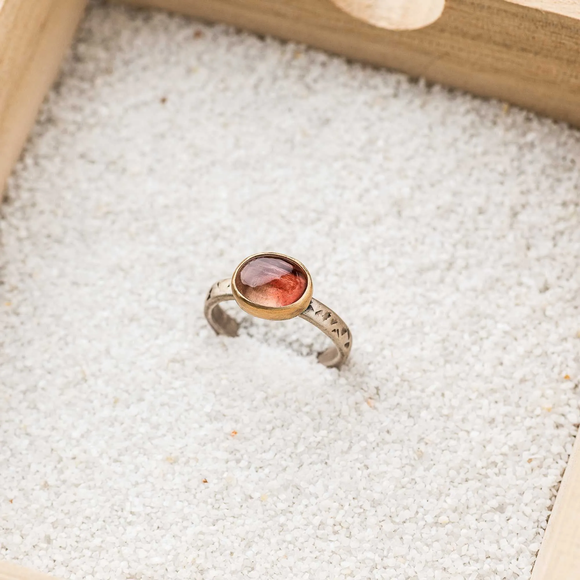Oregon Sunstone East-West Mixed Metal Ring on Textured Band