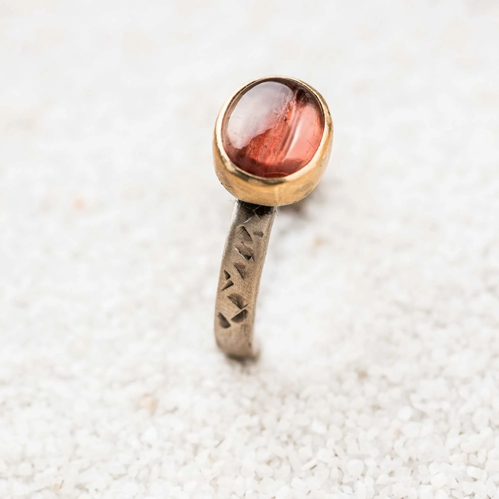 Oregon Sunstone East-West Mixed Metal Ring on Textured Band
