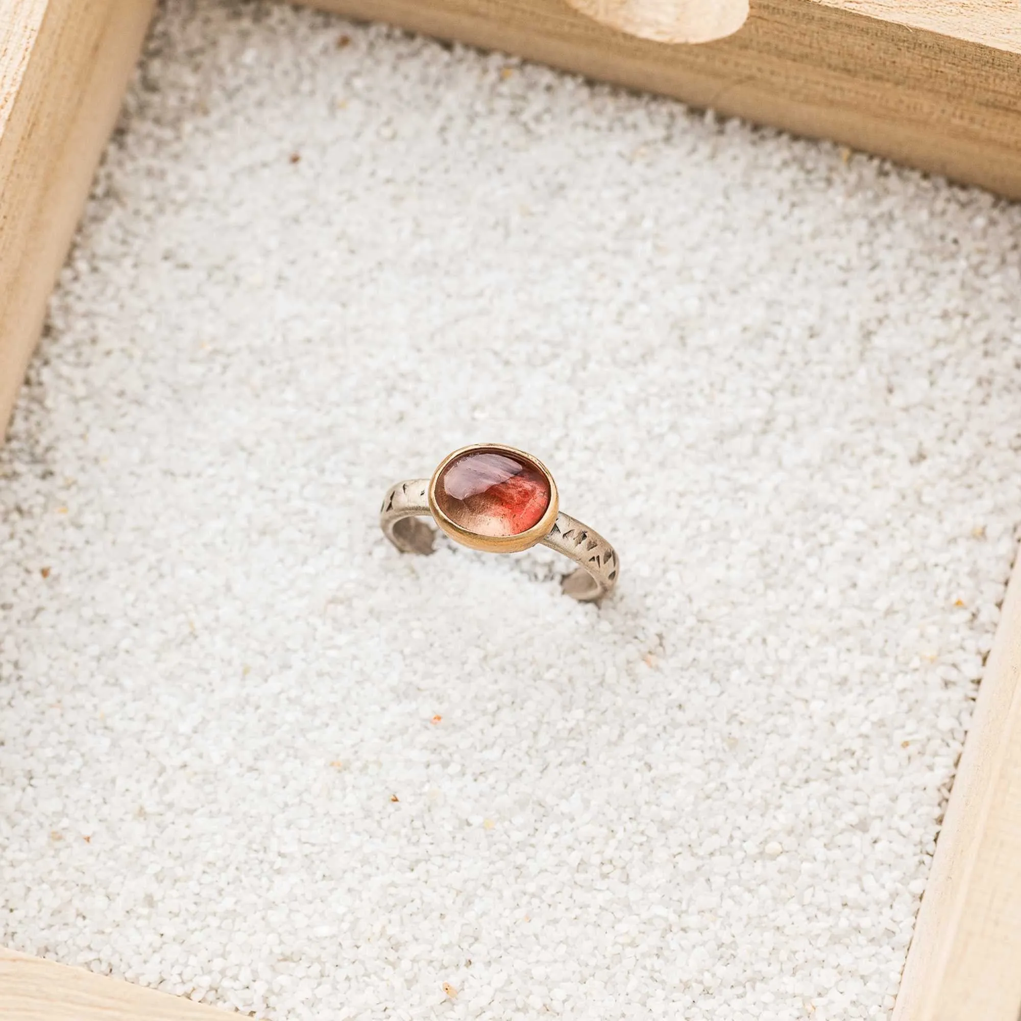Oregon Sunstone East-West Mixed Metal Ring on Textured Band