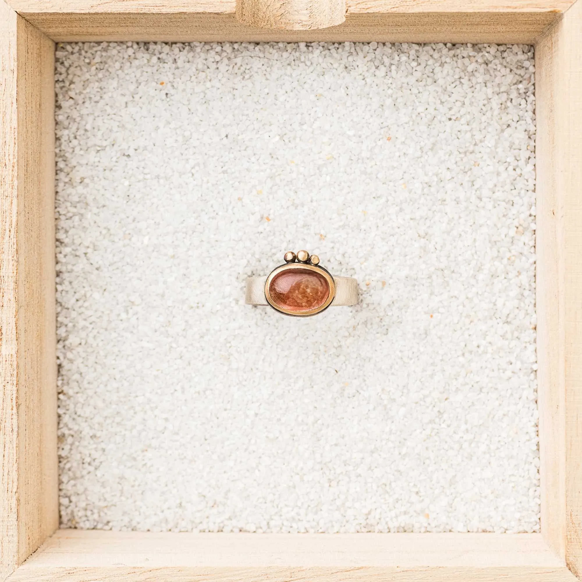 Oregon Sunstone East-West Ring with 14k Bezel and Dot Trio