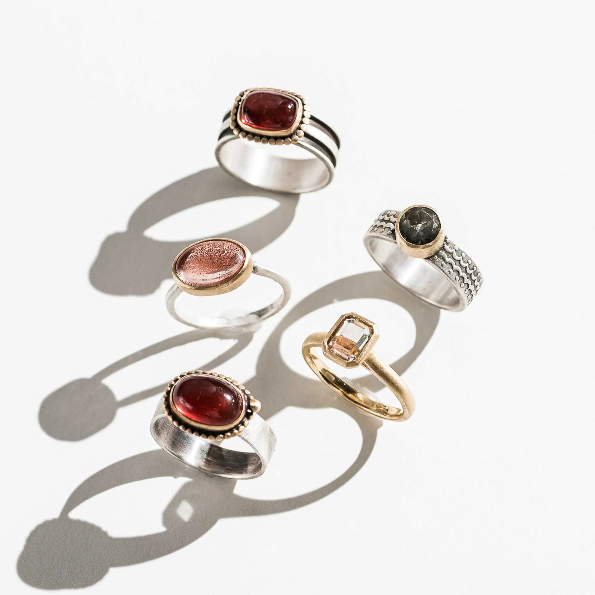 Oregon Sunstone East-West Ring with 14k Bezel and Dot Trio