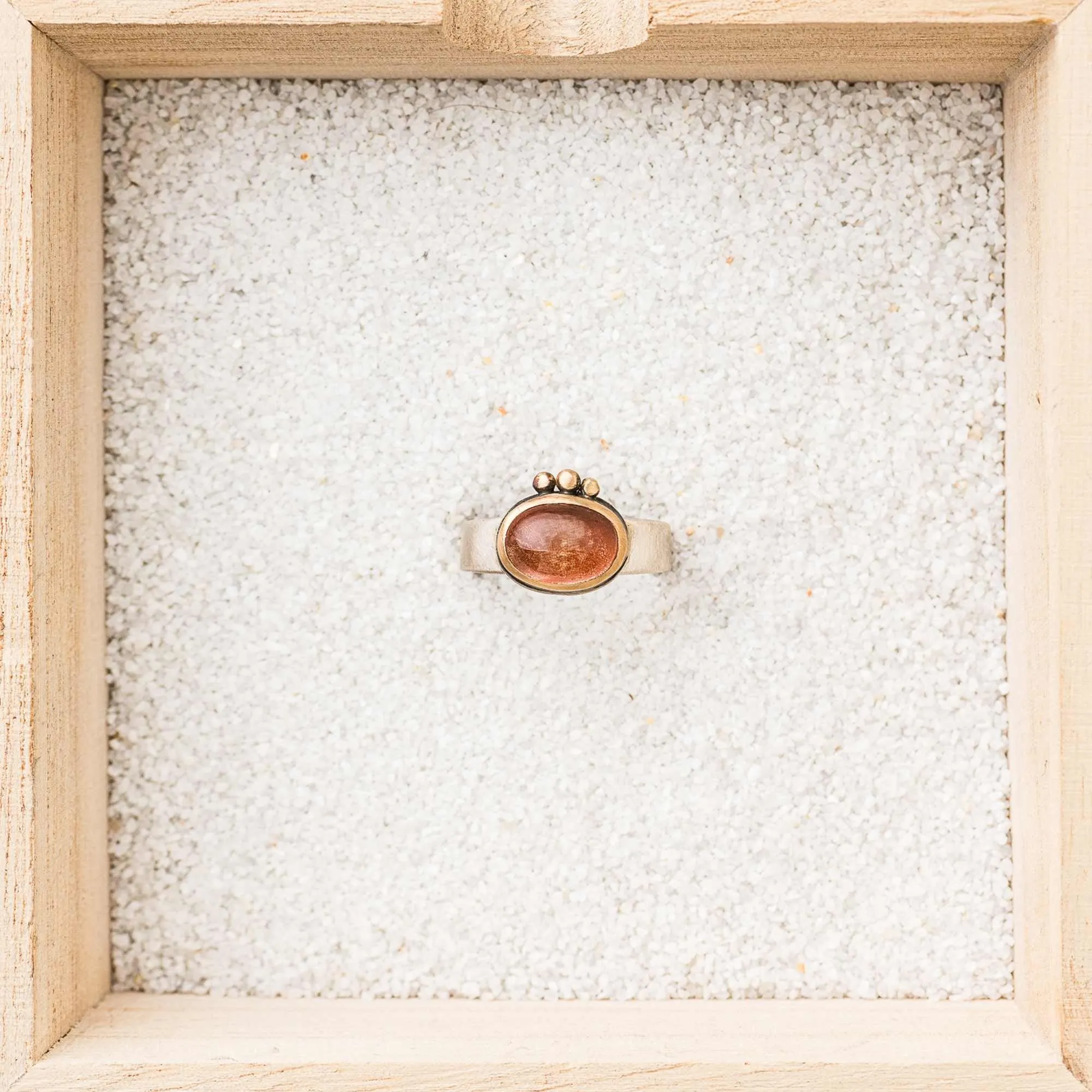 Oregon Sunstone East-West Ring with 14k Bezel and Dot Trio