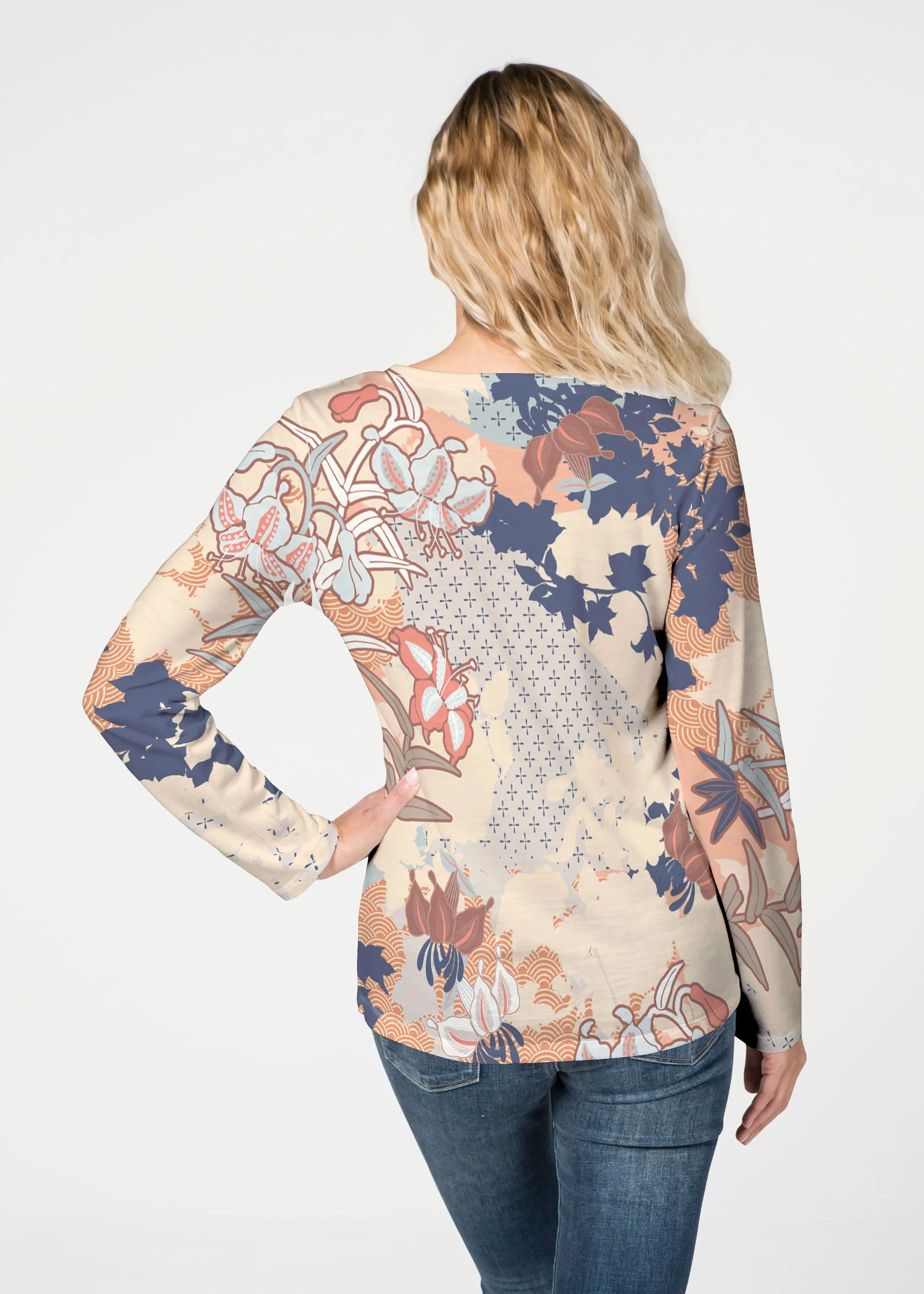 Oriental Floral (7868) ~ French Terry V-neck Top