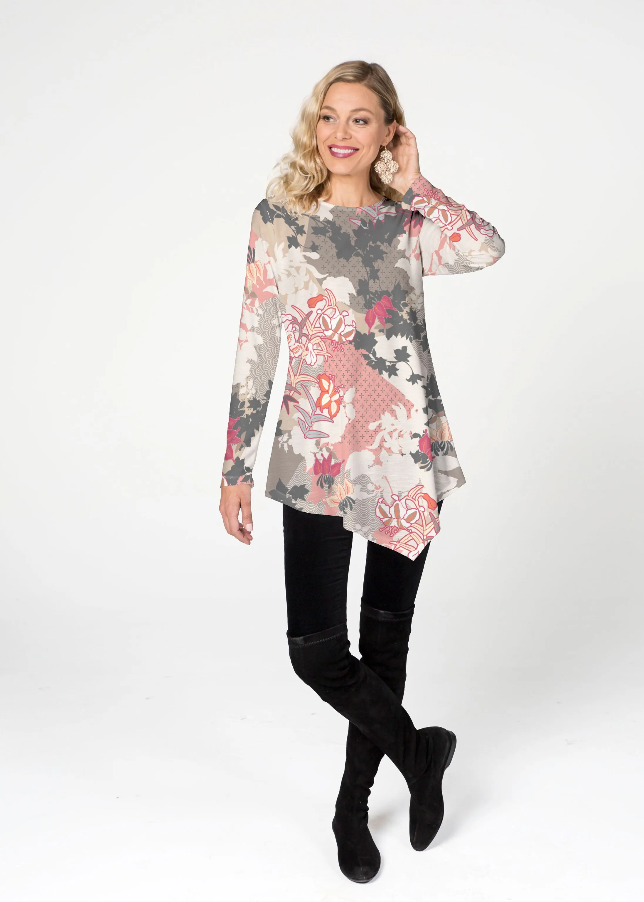 Oriental Floral Grey (7876) ~ Asymmetrical French Terry Tunic