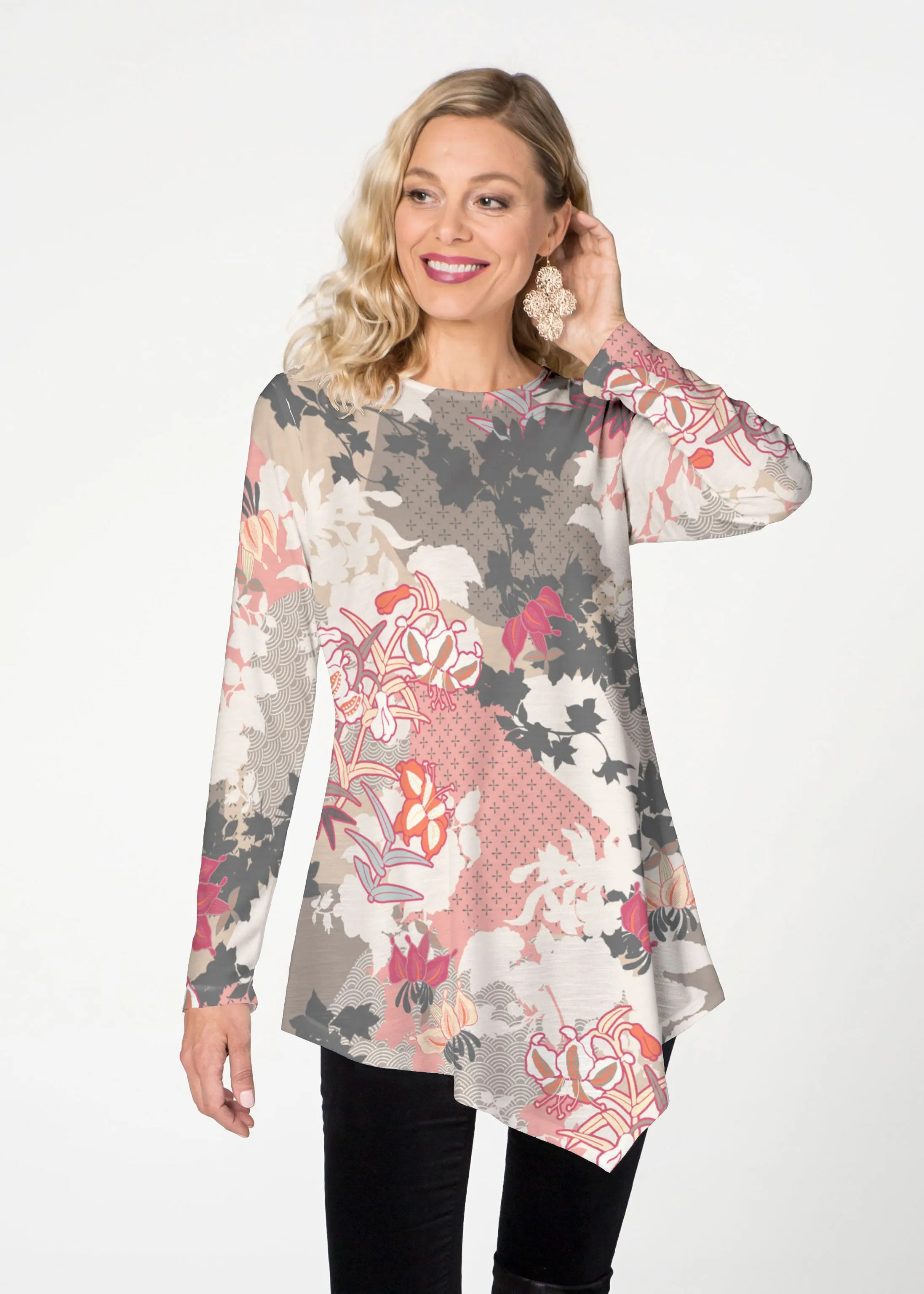 Oriental Floral Grey (7876) ~ Asymmetrical French Terry Tunic