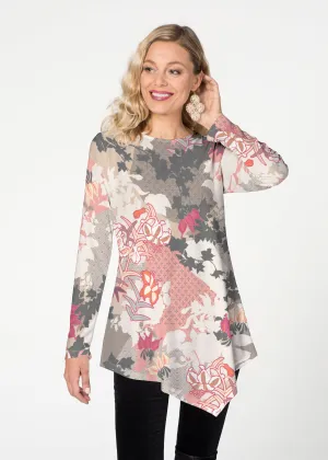 Oriental Floral Grey (7876) ~ Asymmetrical French Terry Tunic