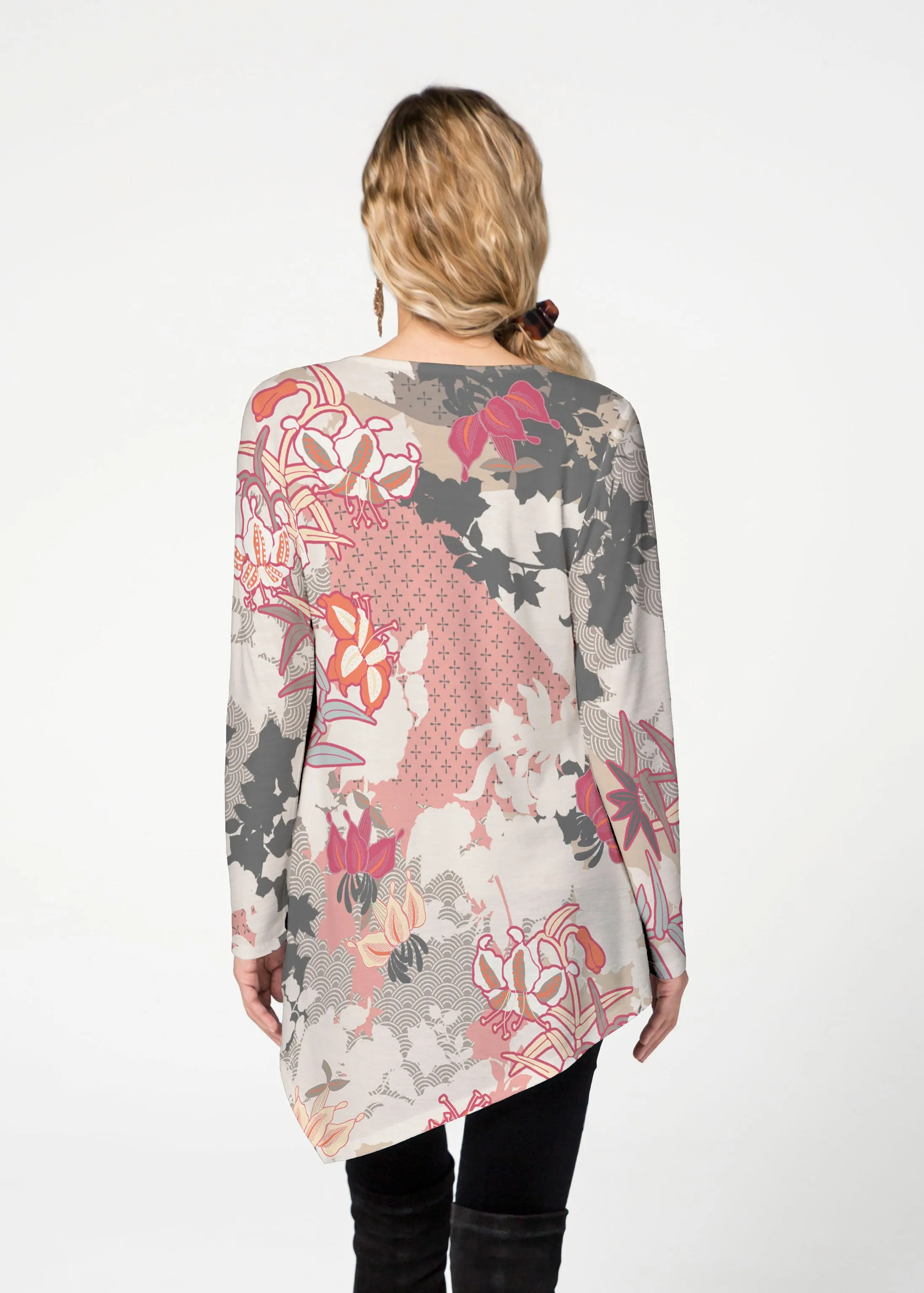 Oriental Floral Grey (7876) ~ Asymmetrical French Terry Tunic