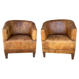 Pair Vintage European Leather Tub Chairs with Brass Nailhead Detail