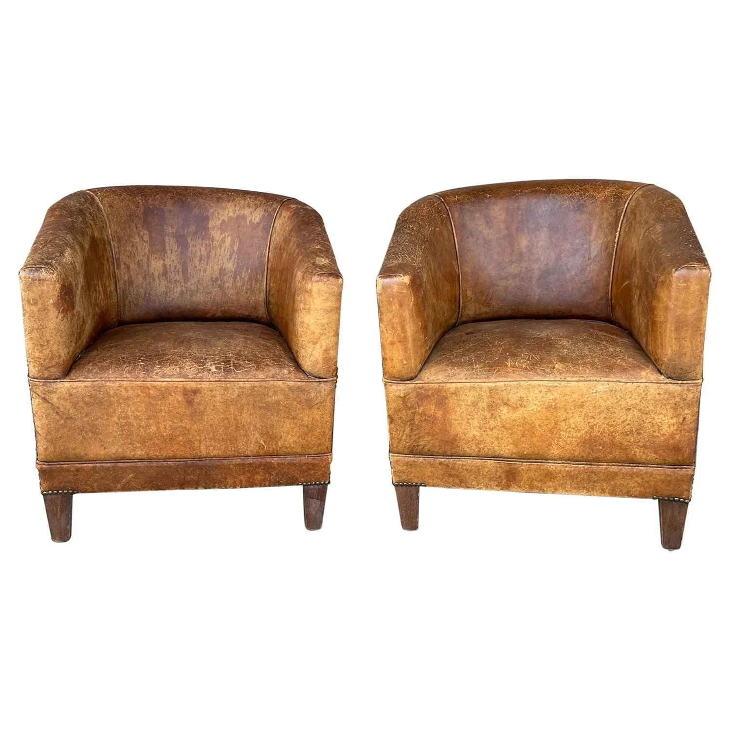 Pair Vintage European Leather Tub Chairs with Brass Nailhead Detail