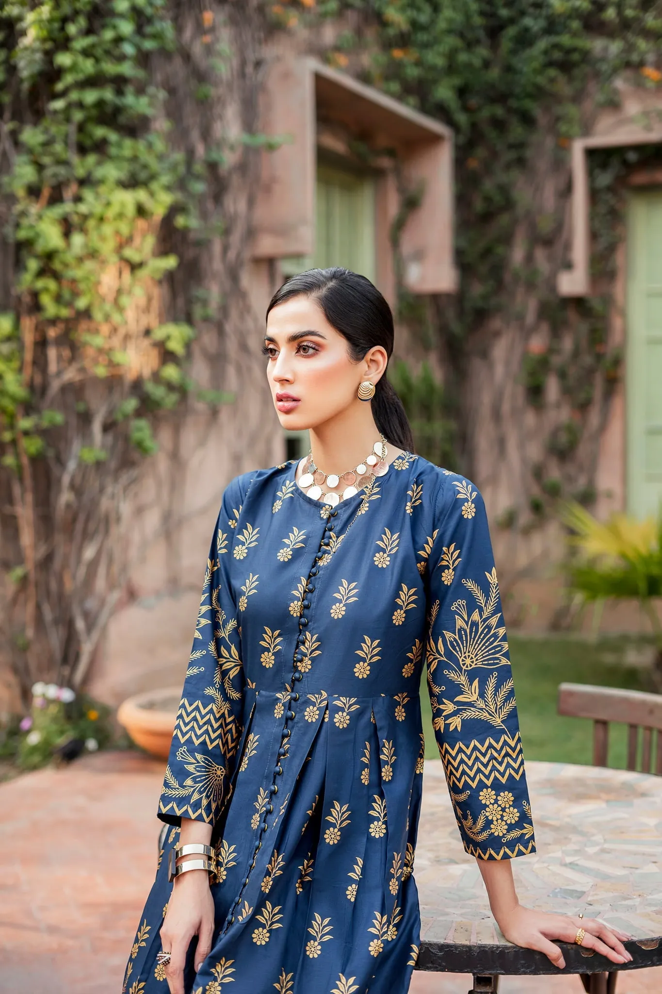 Pakistani Gown and Trouser Dress in Blue Color for Eid