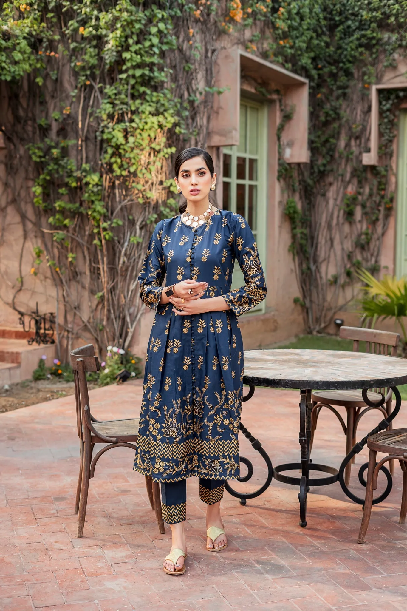 Pakistani Gown and Trouser Dress in Blue Color for Eid