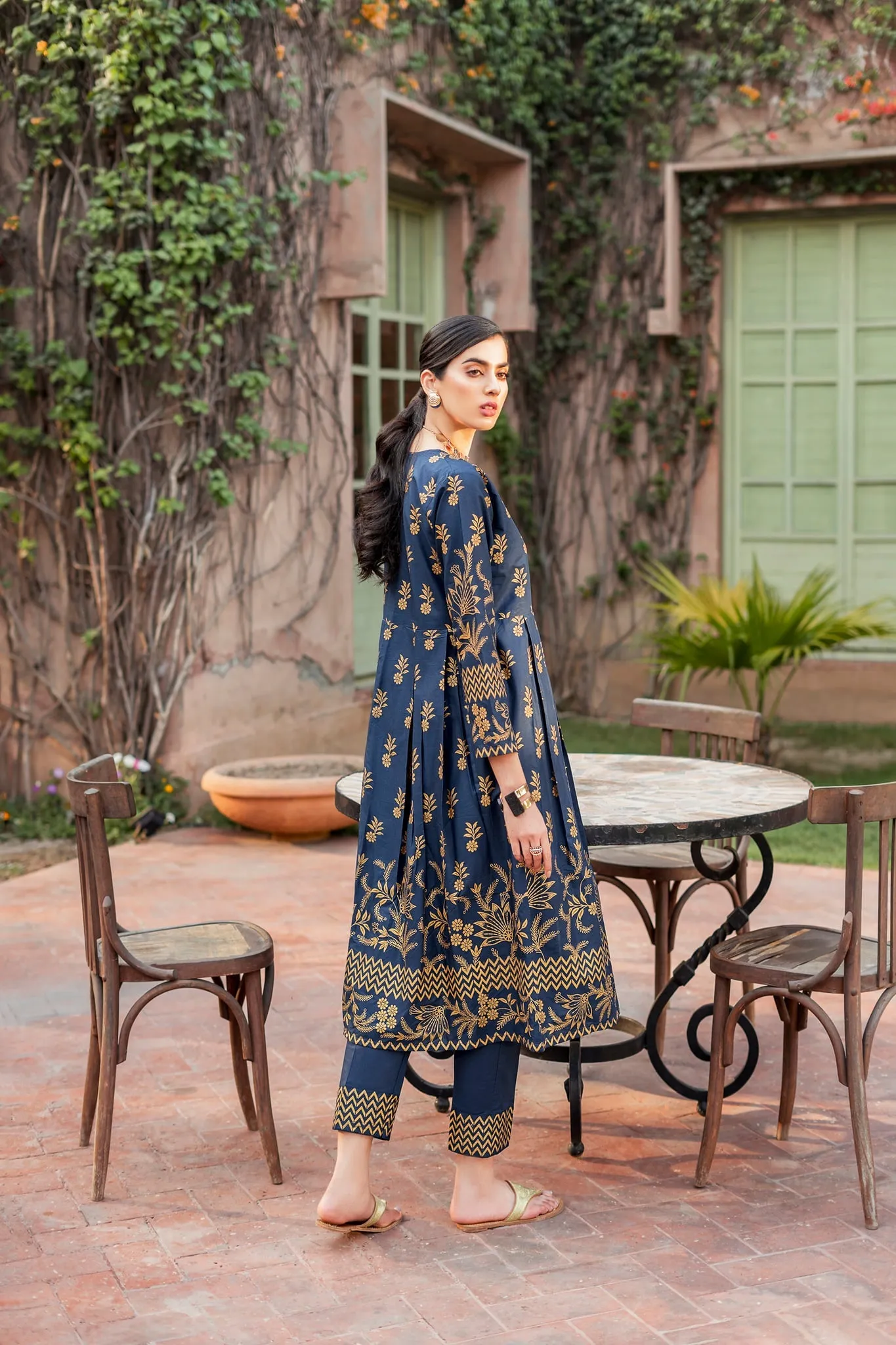 Pakistani Gown and Trouser Dress in Blue Color for Eid