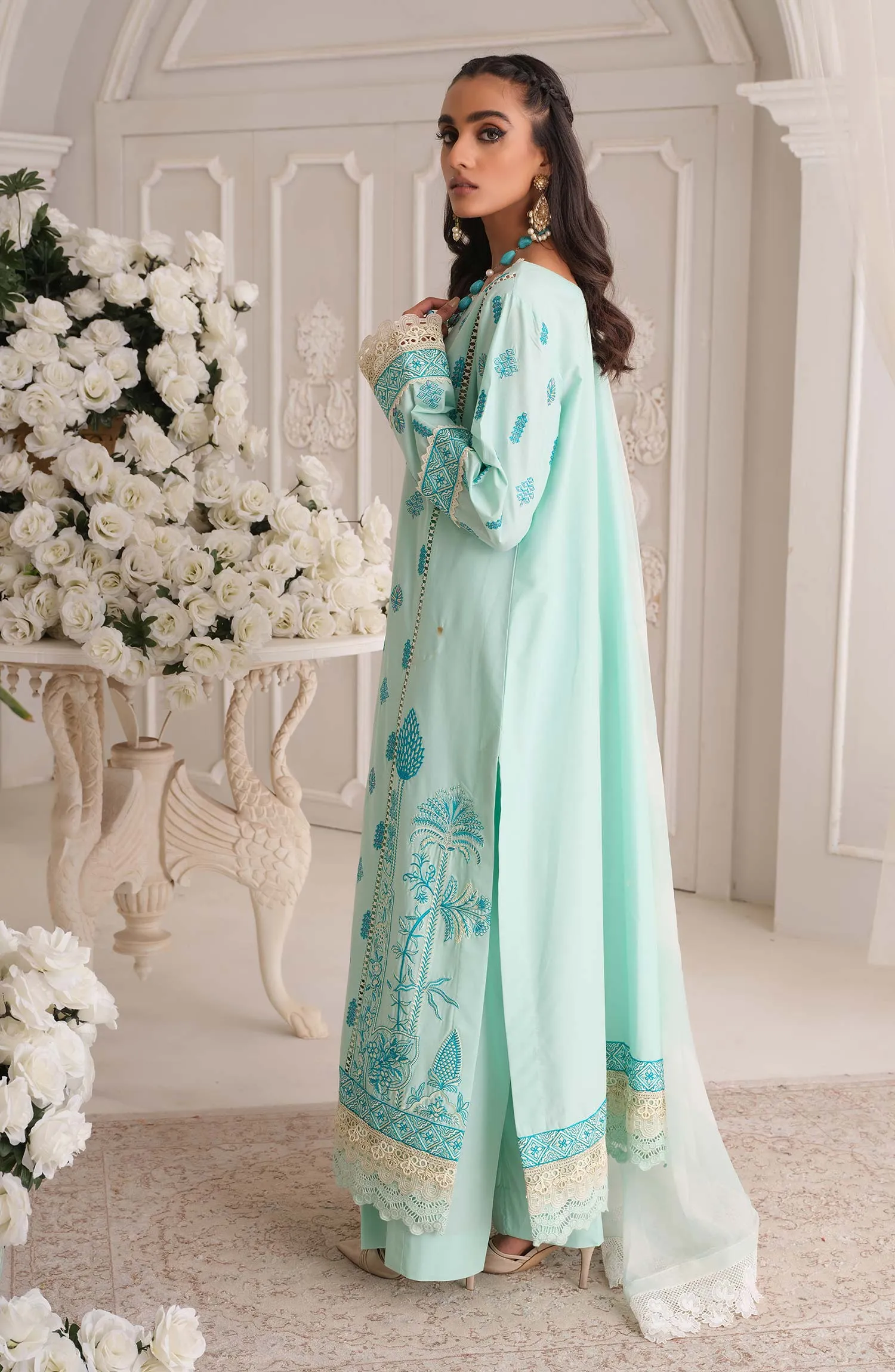 Pakistani Party Dress in Blue Kameez Trouser Style