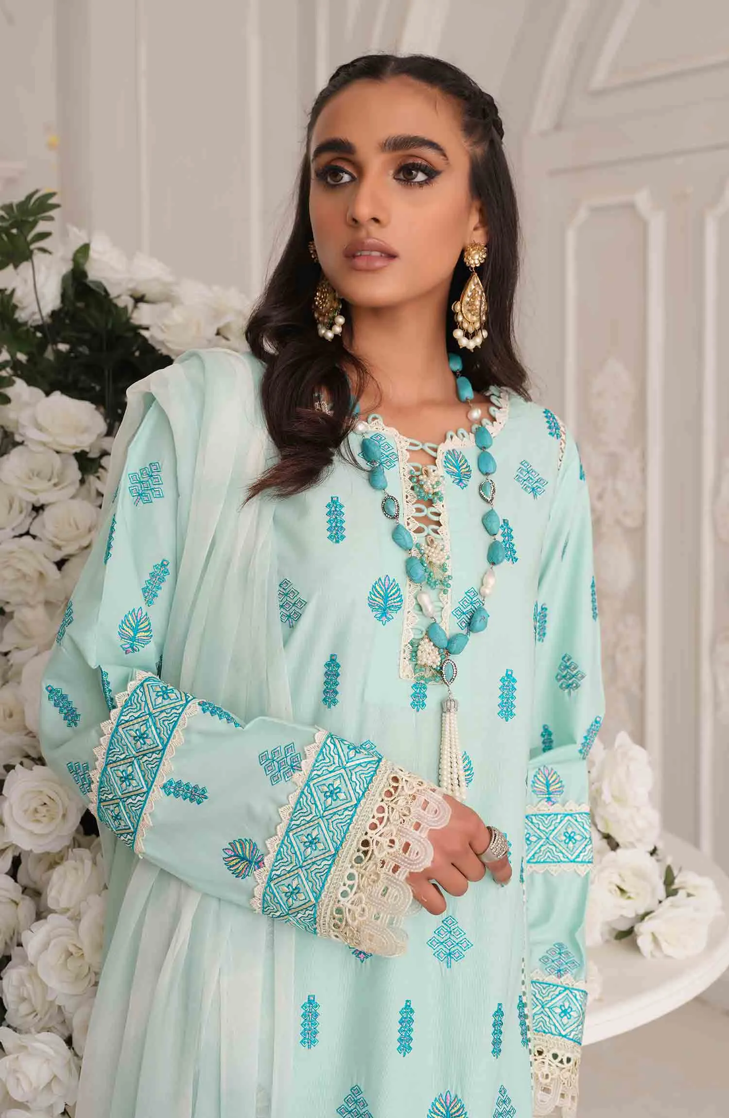 Pakistani Party Dress in Blue Kameez Trouser Style