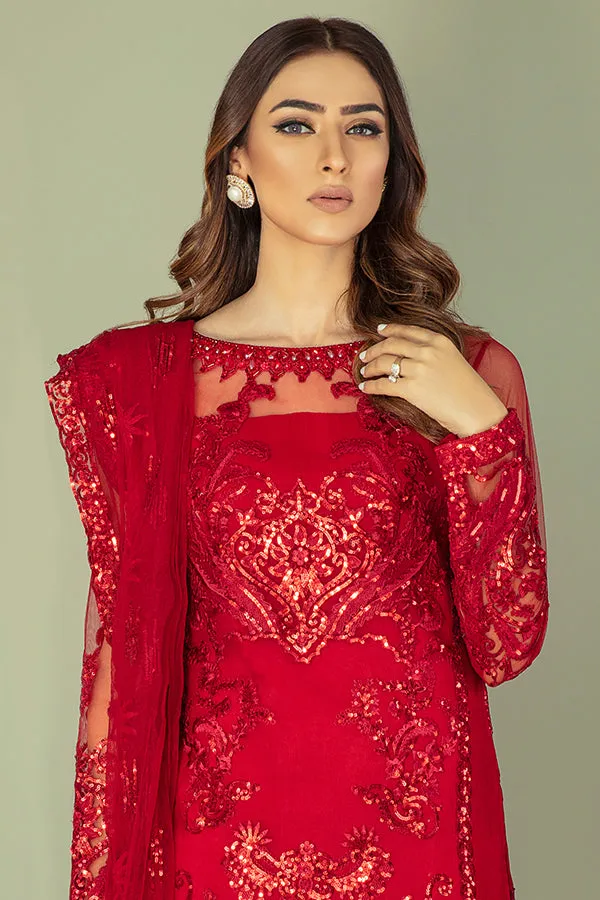 Pakistani Party Dress in Embroidered Kameez Trouser and Red Dupatta Style in Premium Net