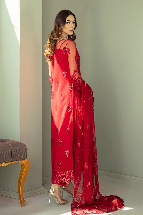 Pakistani Party Dress in Embroidered Kameez Trouser and Red Dupatta Style in Premium Net