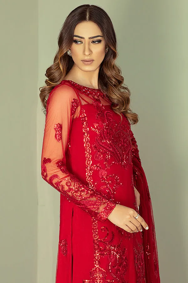 Pakistani Party Dress in Embroidered Kameez Trouser and Red Dupatta Style in Premium Net