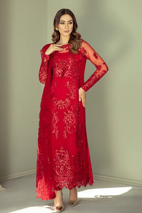 Pakistani Party Dress in Embroidered Kameez Trouser and Red Dupatta Style in Premium Net