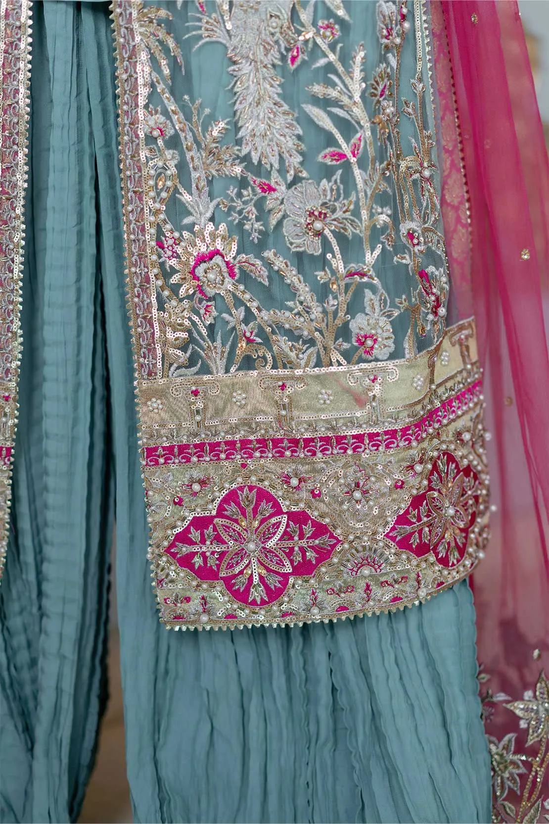 Pakistani Wedding Dress in Sharara Kameez Dupatta Style