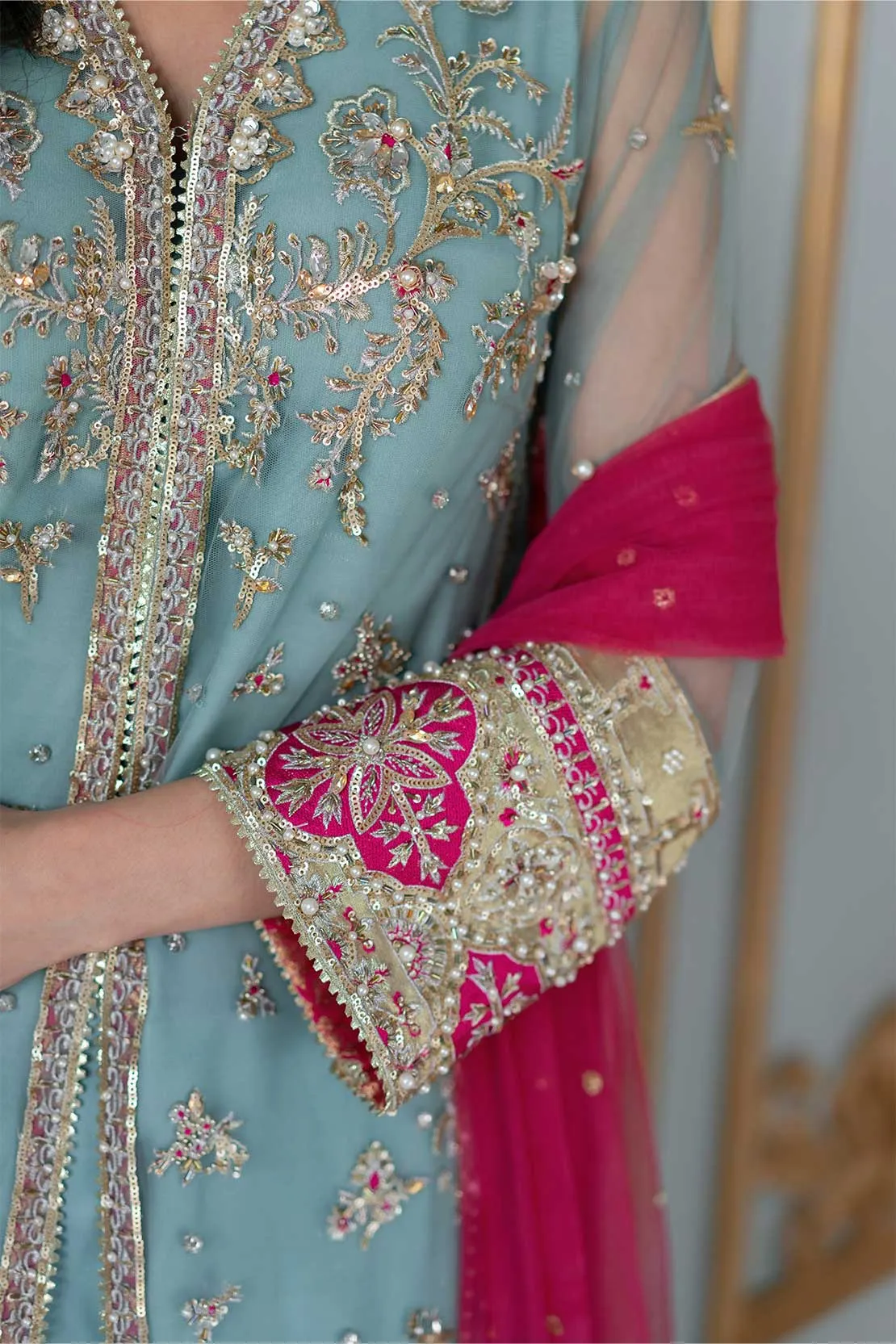 Pakistani Wedding Dress in Sharara Kameez Dupatta Style