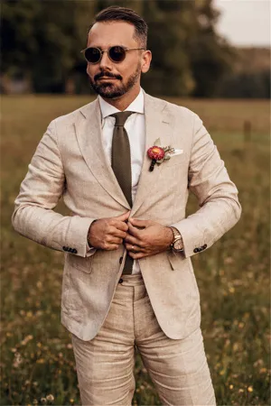 Party Linen Wedding Suit Casual Summer Beach Groom Slim Fit Suit Tuexedos