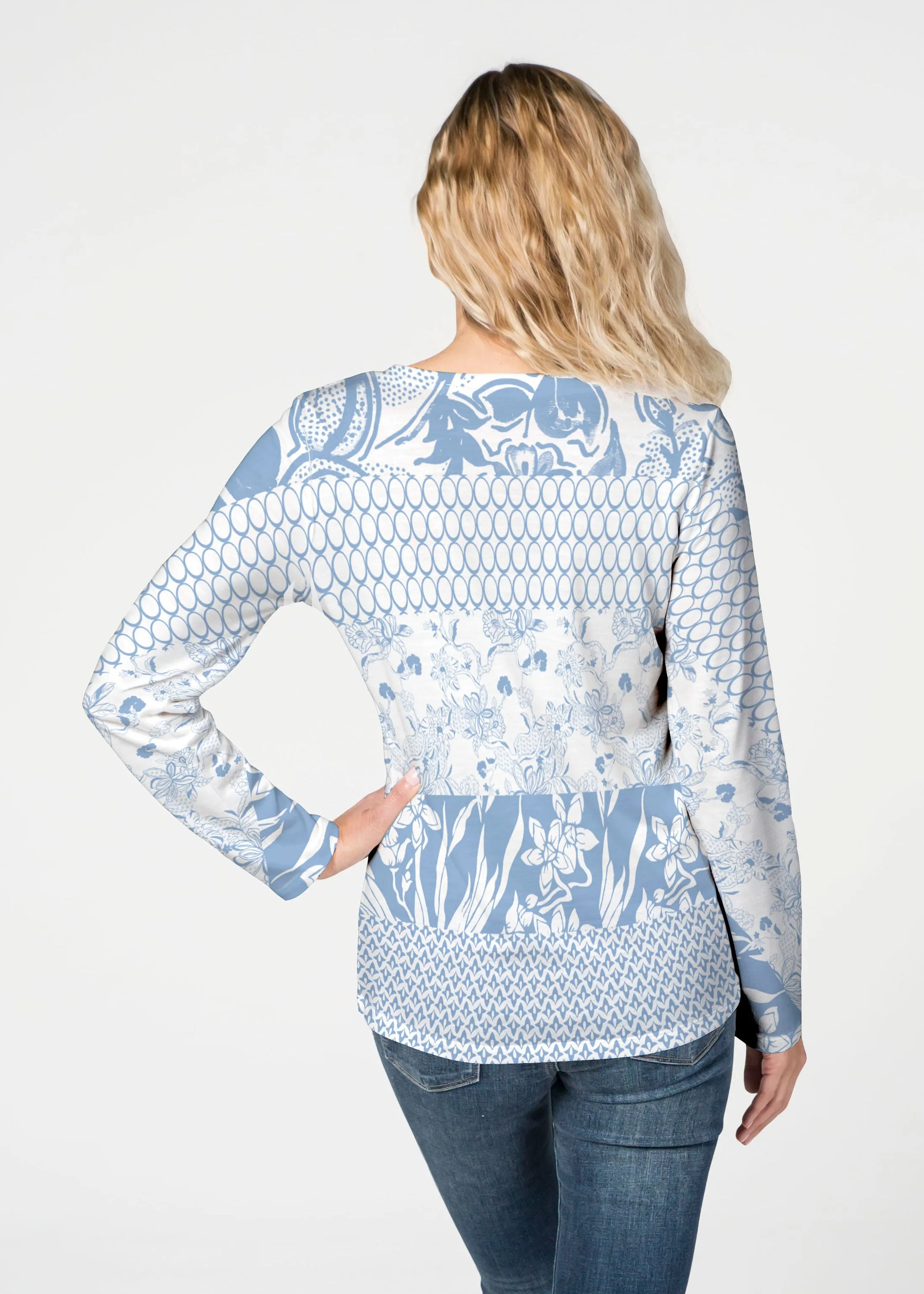 Patchwork Blue (7902) ~ French Terry V-neck Top