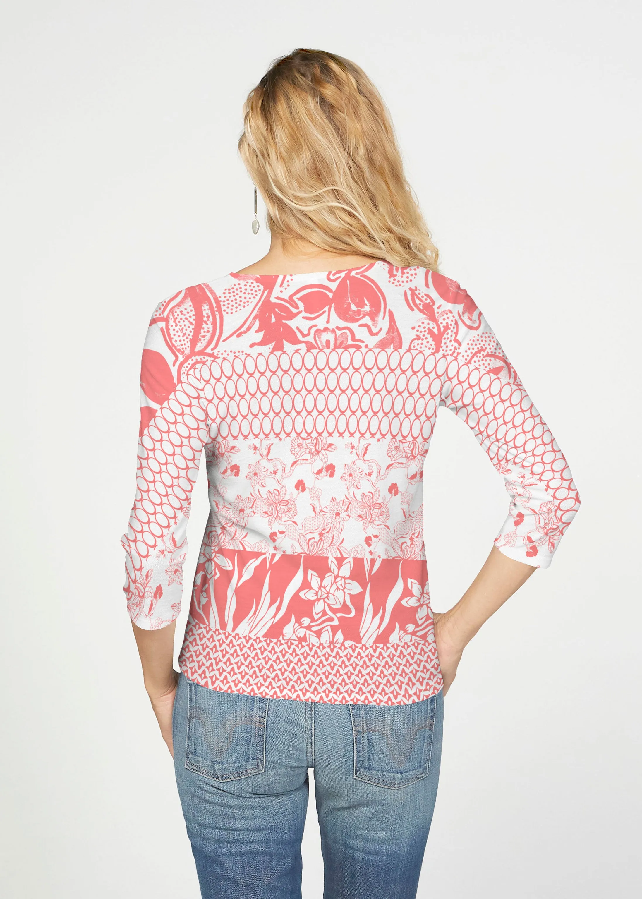 Patchwork Coral (7900) ~ French Terry Tie 3/4 Sleeve Top