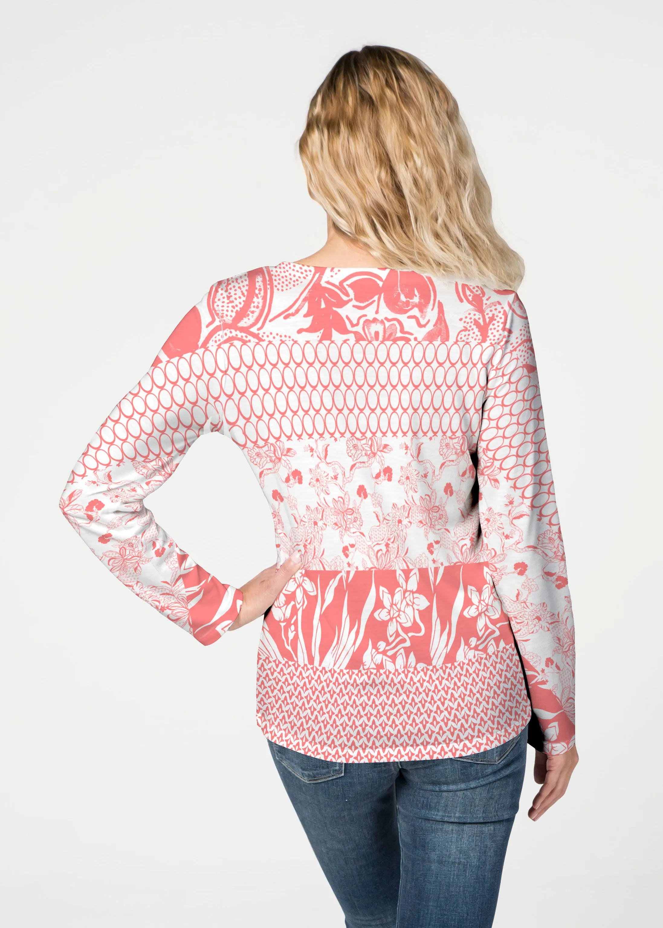 Patchwork Coral (7900) ~ French Terry V-neck Top