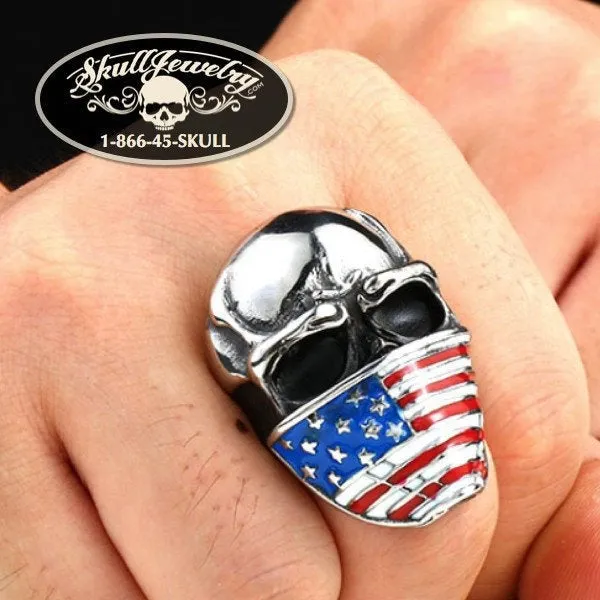 Patriotic Skull Stainless Steel Ring with American Flag Scarf Design (#545)