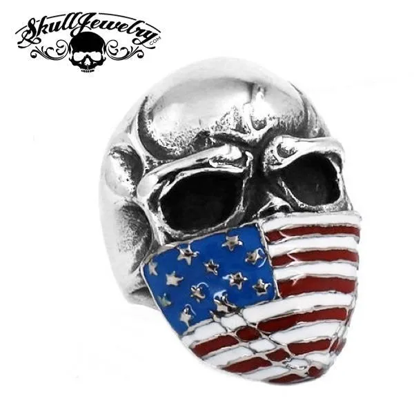 Patriotic Skull Stainless Steel Ring with American Flag Scarf Design (#545)