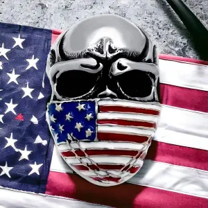 Patriotic Skull Stainless Steel Ring with American Flag Scarf Design (#545)