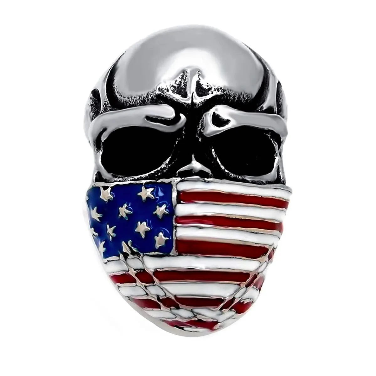 Patriotic Skull Stainless Steel Ring with American Flag Scarf Design (#545)