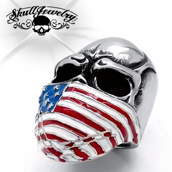 Patriotic Skull Stainless Steel Ring with American Flag Scarf Design (#545)