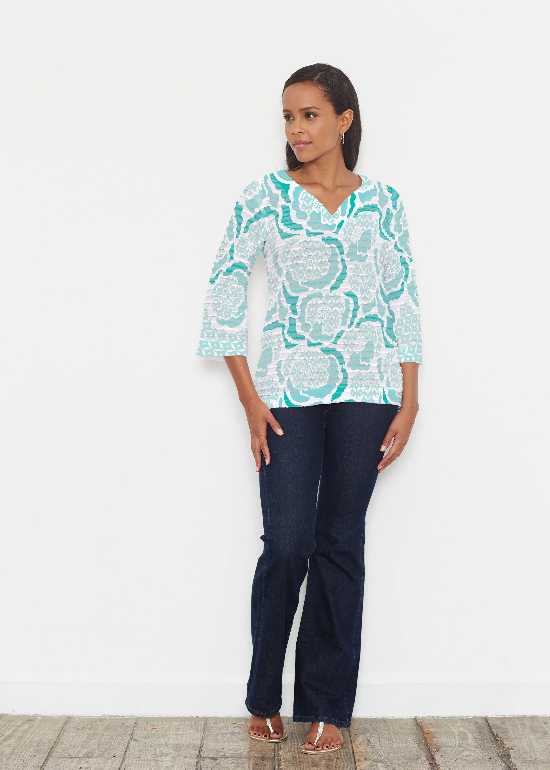 Peonies Aqua (8082) ~ Banded 3/4 Bell-Sleeve V-Neck Tunic