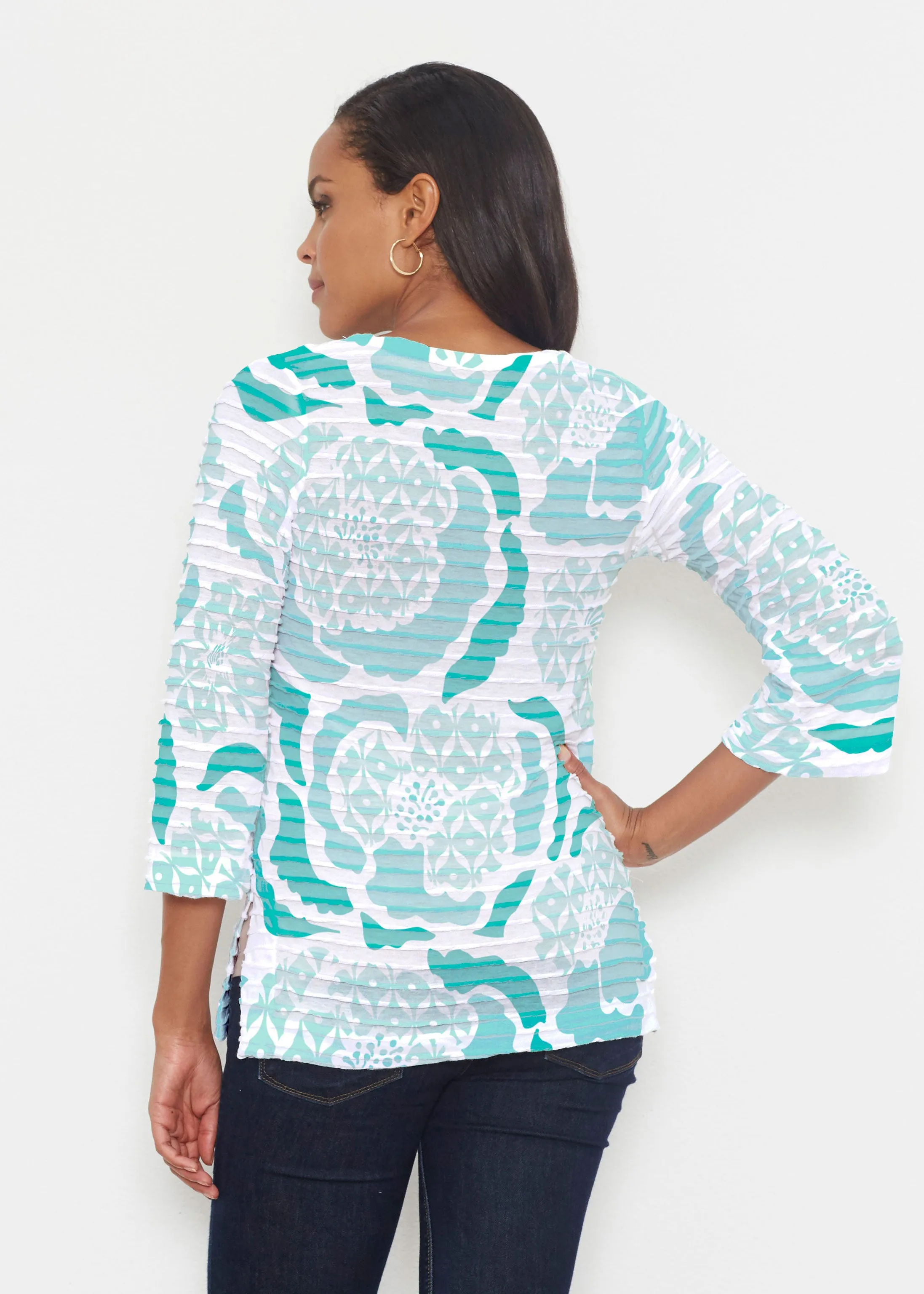 Peonies Aqua (8082) ~ Banded 3/4 Bell-Sleeve V-Neck Tunic