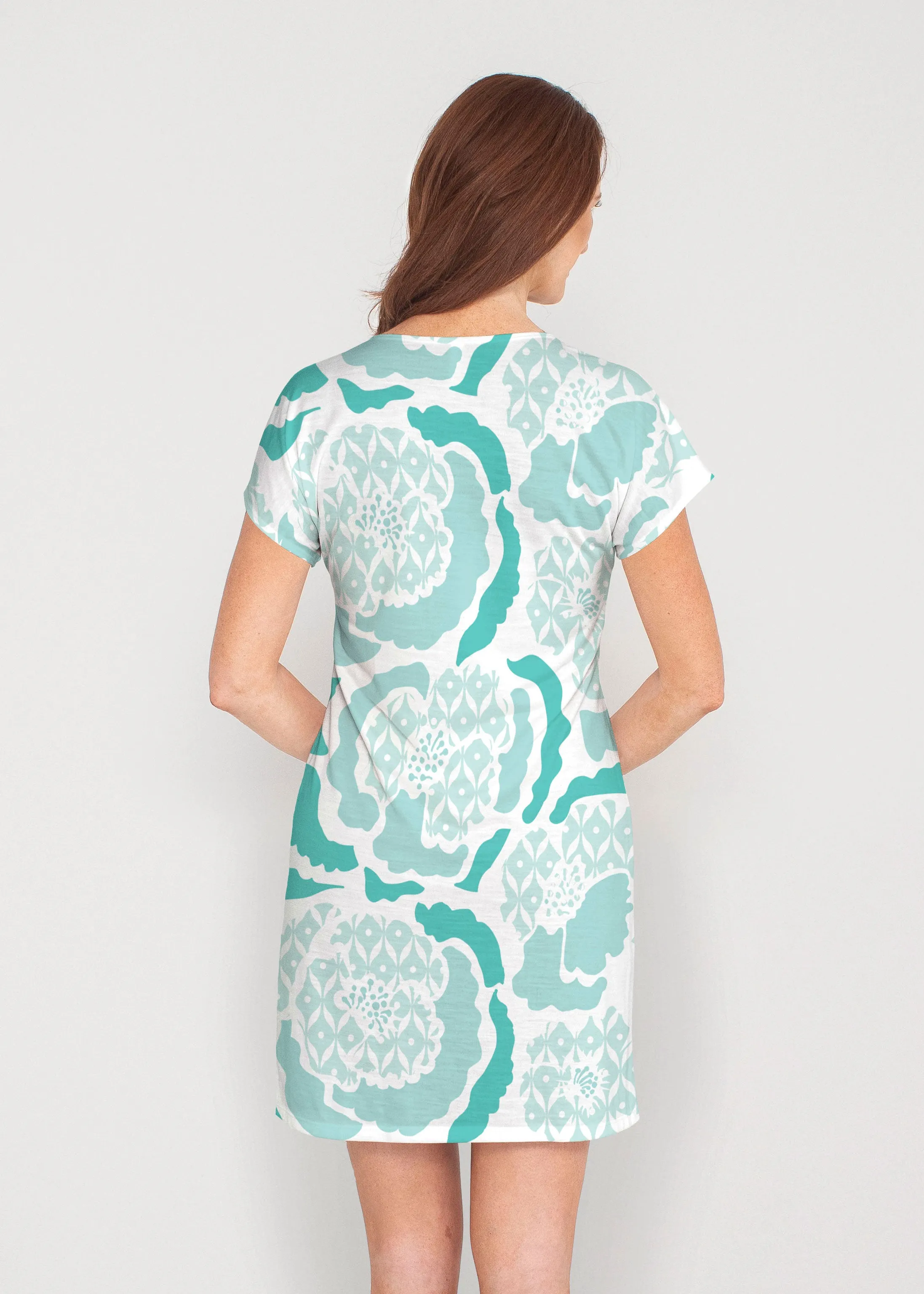 Peonies Aqua (8082) ~ French Terry Short Sleeve Crew Dress
