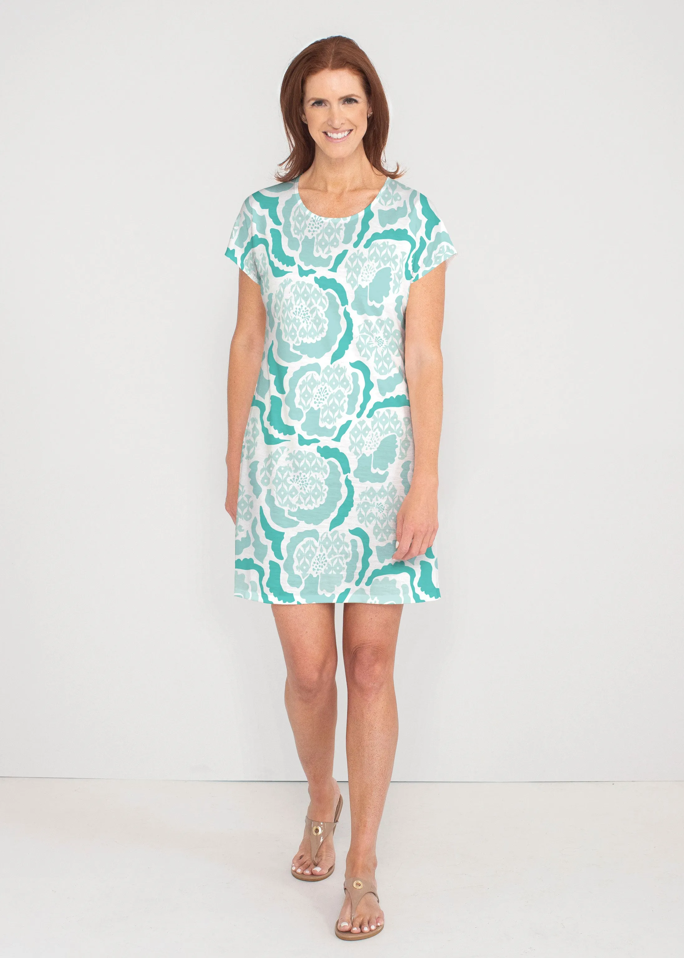 Peonies Aqua (8082) ~ French Terry Short Sleeve Crew Dress